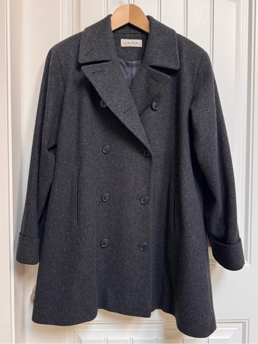 Y2K Calvin Klein Charcoal Dark Grey Wool Blend Oversized Double Breasted Peacoat